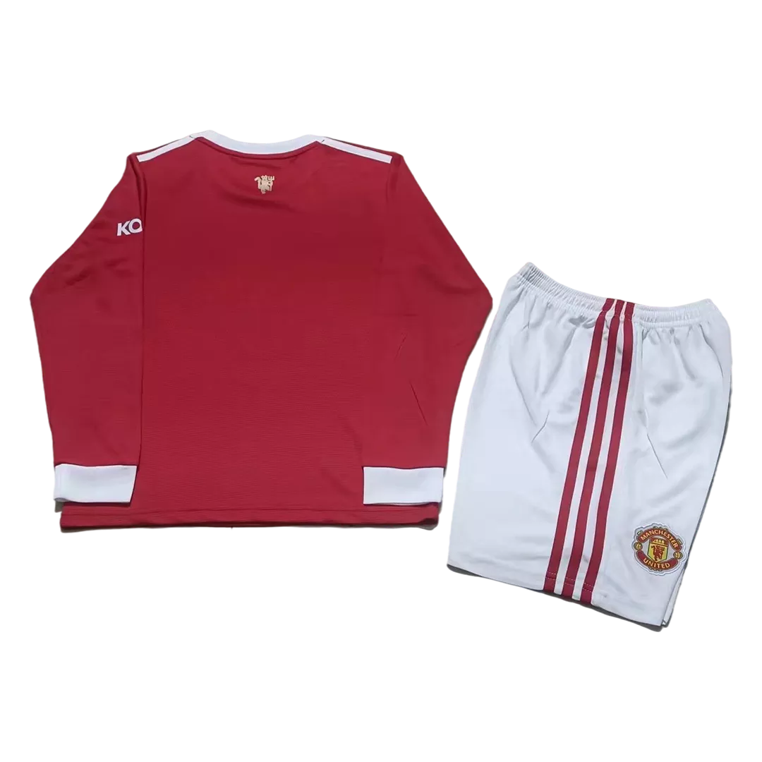 Kid's Adidas Manchester United Home Long Sleeve Soccer Jersey Kit(Jersey+Shorts) 2021/22 - soccerdealshop