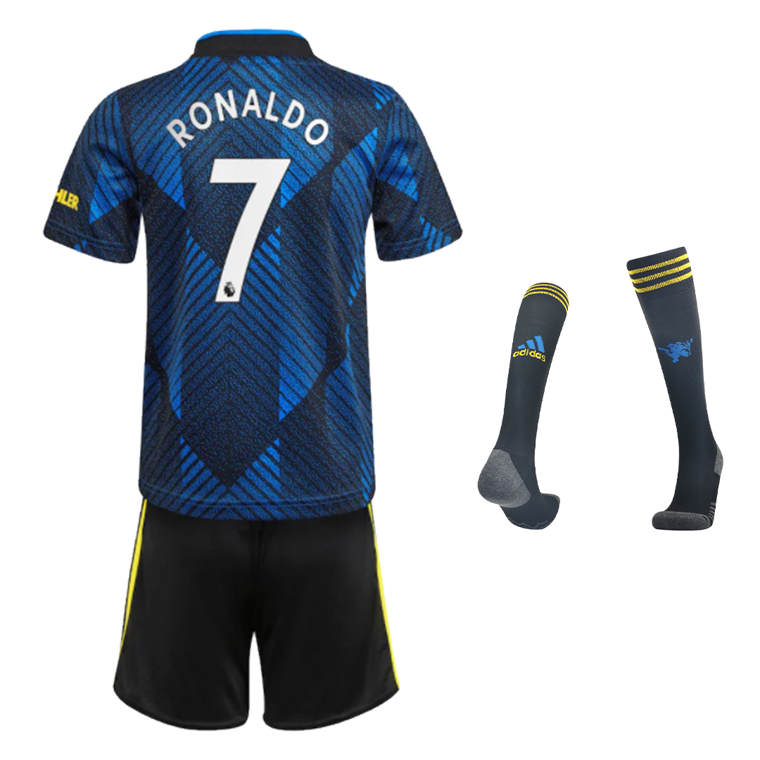 Manchester United Away Kids Football Kit Ronaldo 7 Printed 2021/22 (With  Socks)