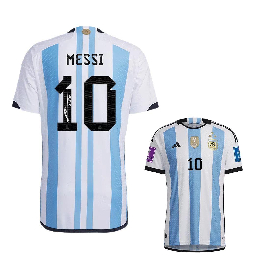 Authentic  SignMESSI #10 Argentina Champions 3 Stars Home Soccer Jersey 2022